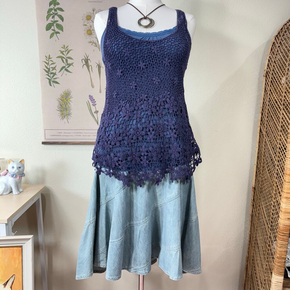 Sheer Floral Crochet Top Coastal Cowgirl Mori Kei Fairy Grunge Festival Boho L